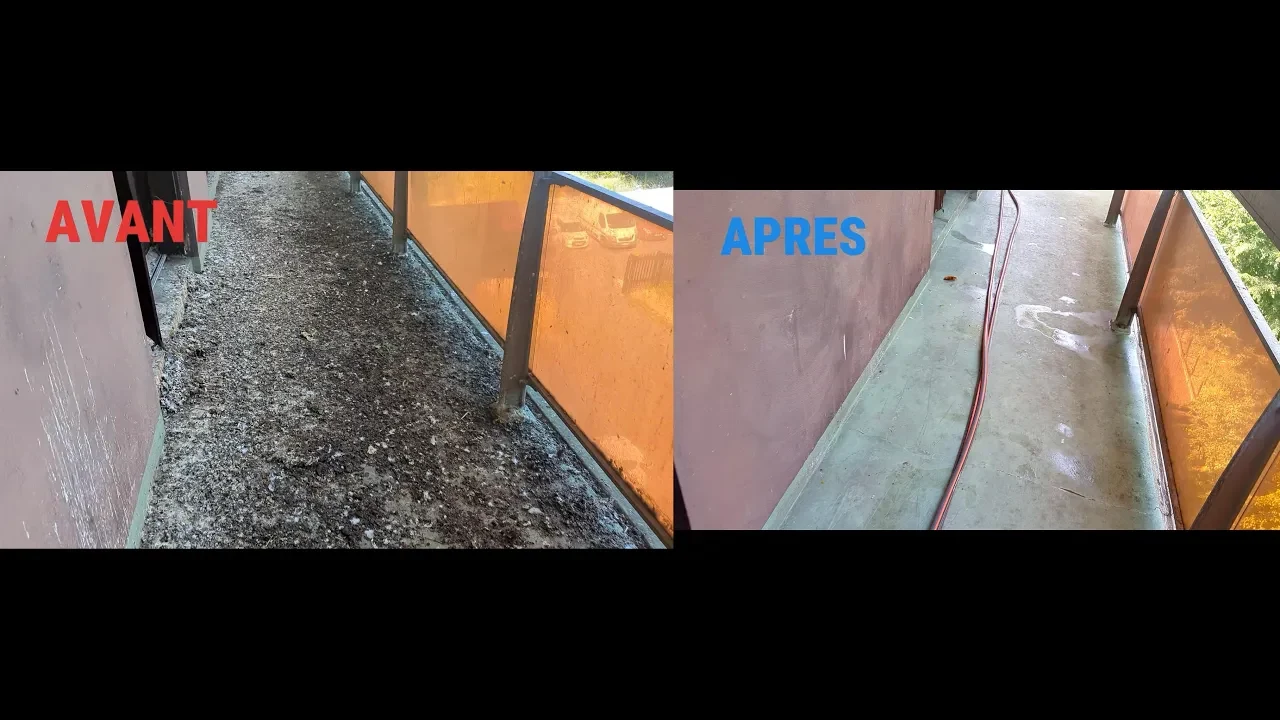 Nettoyage balcon infesté de fientes – avant / après
